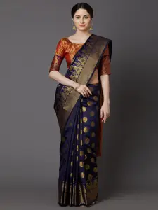 Saree mall Navy Blue & Rust Woven Design Zari Silk Blend Banarasi Sarees