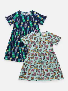 LilPicks Pack of 2 Blue Printed Fit & Flare Dress