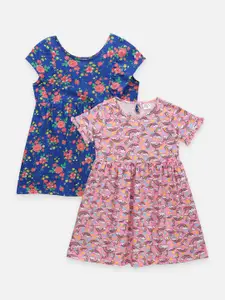 LilPicks Girls Pack of 2 Blue Floral and Unicorn Print Dress