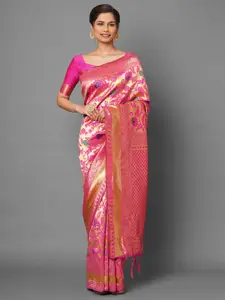 Saree mall Pink & Green Woven Design Silk Blend Banarasi Sarees