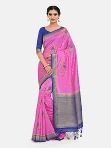 MIMOSA Pink & Blue Woven Design Zari Art Silk Kanjeevaram Saree