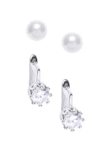 OOMPH Set of 2 Silver & White Circular Studs Earrings