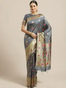 Saree mall Grey & Gold-Toned Woven Design Silk Blend Banarasi Sarees
