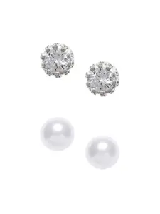 OOMPH Women Silver Round Crown Cubic Zirconia & White Pearl Set of 2 Stud Earrings