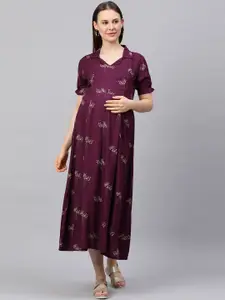 MomToBe Purple Floral A-Line Midi Maternity Nursing Sustainable Dress