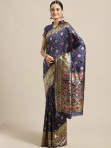 Saree mall Navy Blue & Gold-Toned Woven Design Silk Blend Banarasi Sarees