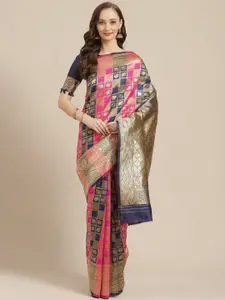 Saree mall Pink & Navy Blue Woven Design Zari Silk Blend Banarasi Sarees