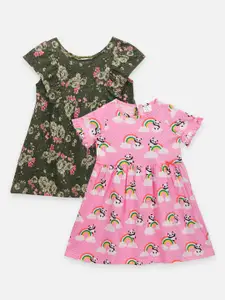 LilPicks Girls Pack of 2 Olive & Pink A-Line Dress