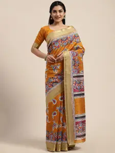 Saree mall Mustard & Blue Kalamkari Art Silk Sarees