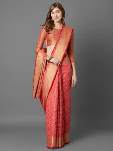 Saree mall Peach & Golden Ethnic Motifs Zari Silk Blend Banarasi Sarees