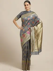 Saree mall Grey & Gold-Toned Woven Design Zari Silk Blend Banarasi Sarees