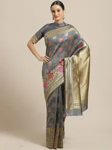 Saree mall Grey & Gold-Toned Woven Design Zari Silk Blend Banarasi Sarees