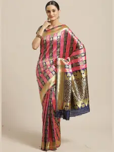 Saree mall Navy Blue & Pink Ethnic Motifs Zari Silk Blend Banarasi Sarees