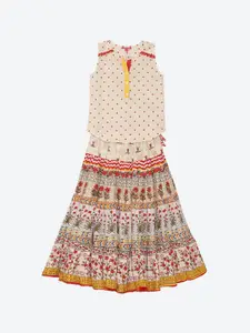 Biba Girls Off White & Red Printed Top with Skirt