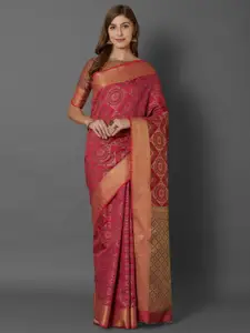 Saree mall Pink and Green Zari Woven Design Silk Blend Banarasi Saree