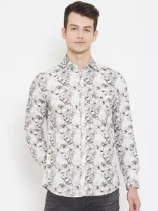 Crimsoune Club Men Grey & White Slim Fit Floral Printed Casual Shirt