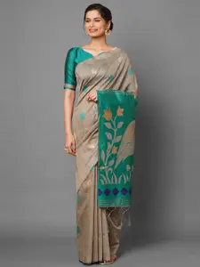 Saree mall Beige & Sea Green Ethnic Motifs Silk Cotton Banarasi Saree