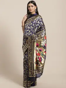 Saree mall Navy Blue & Gold-Toned Woven Design Silk Blend Sarees