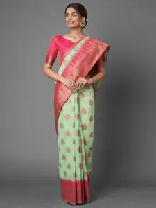 Saree mall Green & Pink Woven Design Linen Blend Saree