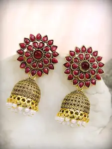 Crunchy Fashion Maroon & Gold-Toned Floral Jhumkas Earrings