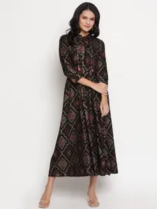 Be Indi Black & Pink Ethnic Motifs A-Line Midi Dress