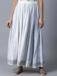 W Women White & Blue Geometric Printed Flared Maxi Skirt
