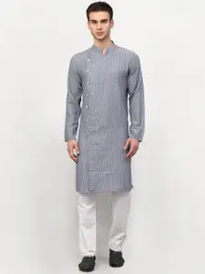 Jompers Men Silver Angrakha Pure Cotton Kurta with Pyjamas