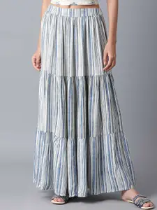 W Women Beige & Blue Striped Tiered Maxi Skirt