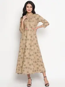 Be Indi Beige Ethnic Motifs A-Line Midi Dress