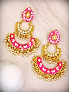 Crunchy Fashion Gold & White Crescent Shaped Chandbalis Earrings