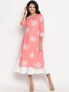 Be Indi Cotton Floral Printed Round Neck Layered A-Line Midi Dress