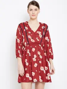 Oxolloxo Red Floral Print Crepe Dress