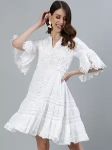 Ishin White Schiffli Embroidered A-Line Dress