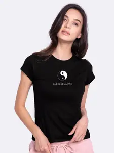 Bewakoof Women Black Printed Extended Sleeves Pure Cotton T-shirt