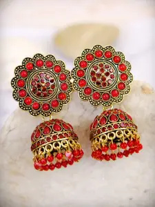 Crunchy Fashion Gold & Red Dome Shaped Jhumkas Earrings