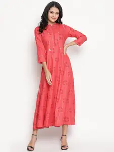 Be Indi Coral Pink Ethnic Motifs A-Line Midi Dress