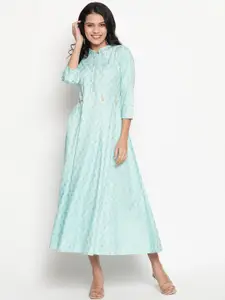 Be Indi Turquoise Blue Ethnic Motifs A-Line Midi Dress