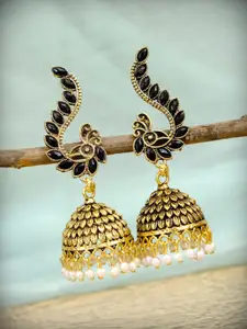 Crunchy Fashion Black Gold-Plated Dome Shaped Jhumkas Earrings