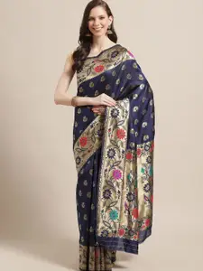 Saree mall Navy Blue & Gold-Toned Woven Design Silk Blend Banarasi Sarees