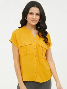 Harpa Mustard Mandarin Collar Shirt Style Top