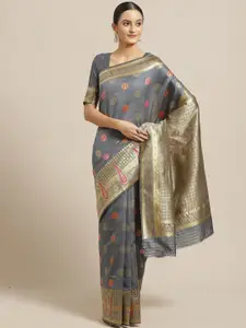 Saree mall Grey Ethnic Motifs Zari Silk Blend Banarasi Sarees