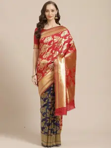 Saree mall Red & Blue Floral Silk Blend Banarasi Sarees