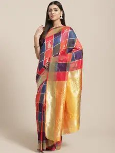 Saree mall Yellow & Pink Checked Zari Silk Blend Banarasi Sarees