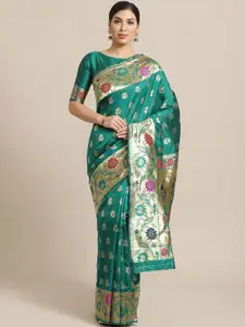 Saree mall Green & Gold-Toned Floral Silk Blend Banarasi Sarees
