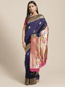 Saree mall Navy Blue & Gold-Toned Ethnic Motifs Zari Silk Blend Banarasi Handloom Sarees