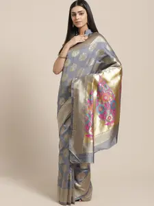 Saree mall Grey & Gold-Toned Floral Silk Blend Sarees