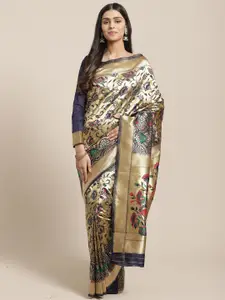 Saree mall Navy Blue & Gold-Toned Warli Zari Silk Blend Heavy Work Banarasi Sarees