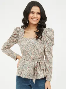 Harpa Multicoloured Ditsy Floral Puff Sleeve Crepe Cinched Waist Top