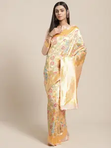 Saree mall Peach & Gold-Toned Floral Silk Blend Banarasi Sarees