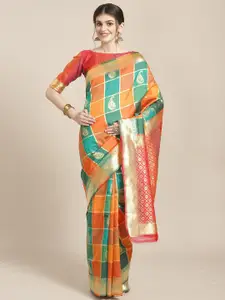 Saree mall Green & Orange Checked Zari Silk Blend Banarasi Sarees